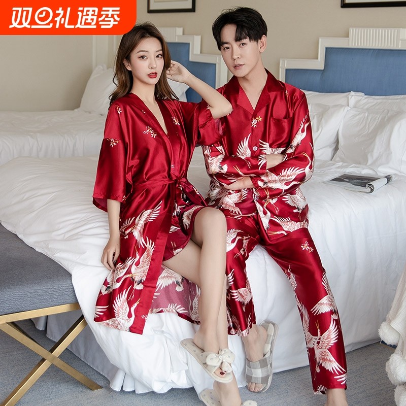 红色晨袍女新娘结婚情侣睡衣冰丝新婚睡袍高级感套装国风性感浴袍