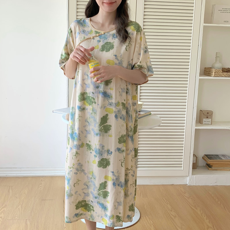 棉绸睡裙女夏新中式国风连衣裙旗袍式睡衣系龄宽松大码长款家居服