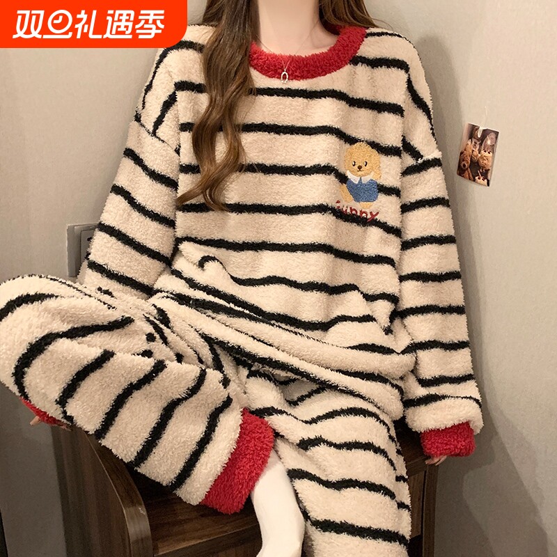 条纹小熊珊瑚绒睡衣女士秋冬季2025加厚法兰绒冬天家居服套装外出