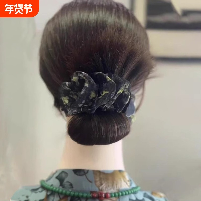 水墨花叶气质褶皱网纱百搭抓夹优雅丸子头发饰百搭头饰新品抓夹