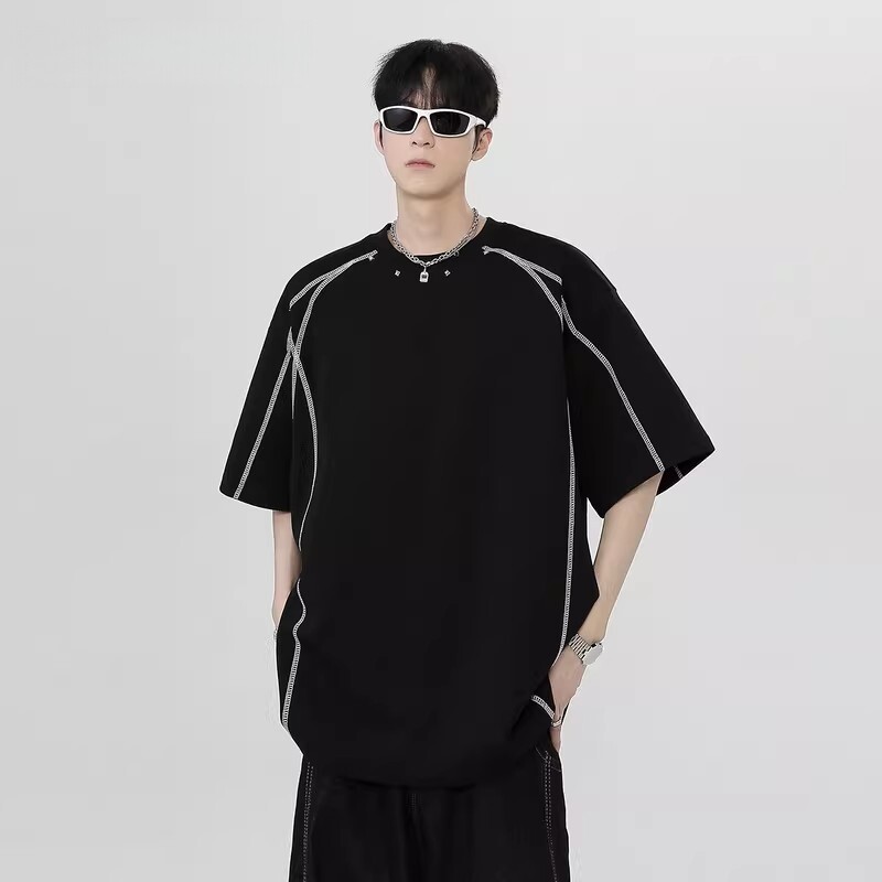 解构拼接短袖t恤男夏季新款美式高街重磅青少年宽松休闲半袖体恤