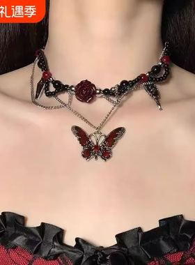 暗黑系猩红蝴蝶choker2025复古新款哥特朋克风辣妹项链高级感颈链