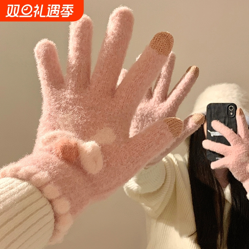可触屏针织手套女秋冬季毛线保暖五指可爱学生冬天骑车新款蝴蝶结
