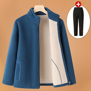 妈妈装抓绒外套中老年人秋冬款卫衣奶奶装秋装加绒加厚冬上衣轻便