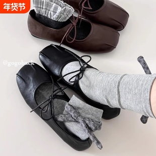 gogoback法式复古芭蕾风玛丽珍鞋女平底单鞋黑色棕色内增高方头