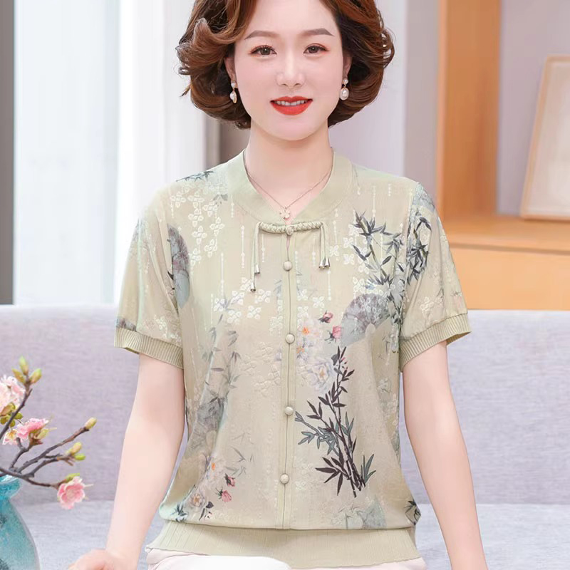 洋气妈妈夏装新款国风新中式短袖冰丝T恤中老年女时尚套装上衣服