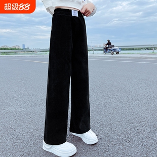 女童裤子秋冬新款洋气大童女孩一体绒休闲长裤儿童黑色加绒直筒裤