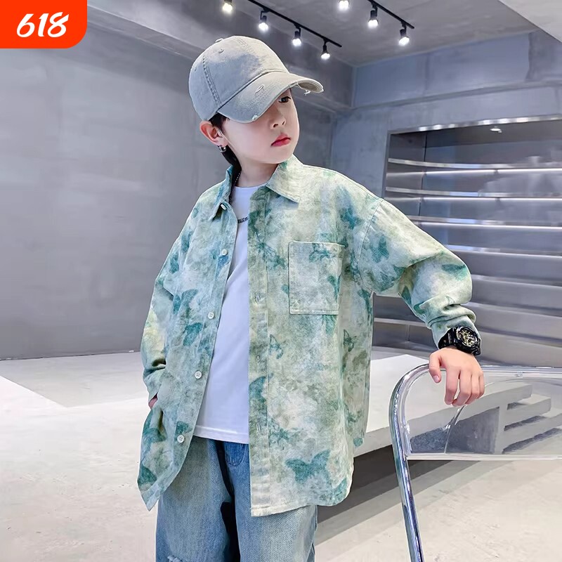 男童衬衫外套春秋款2026新款潮牌扎染衬衣中大童痞帅炸街上衣薄款