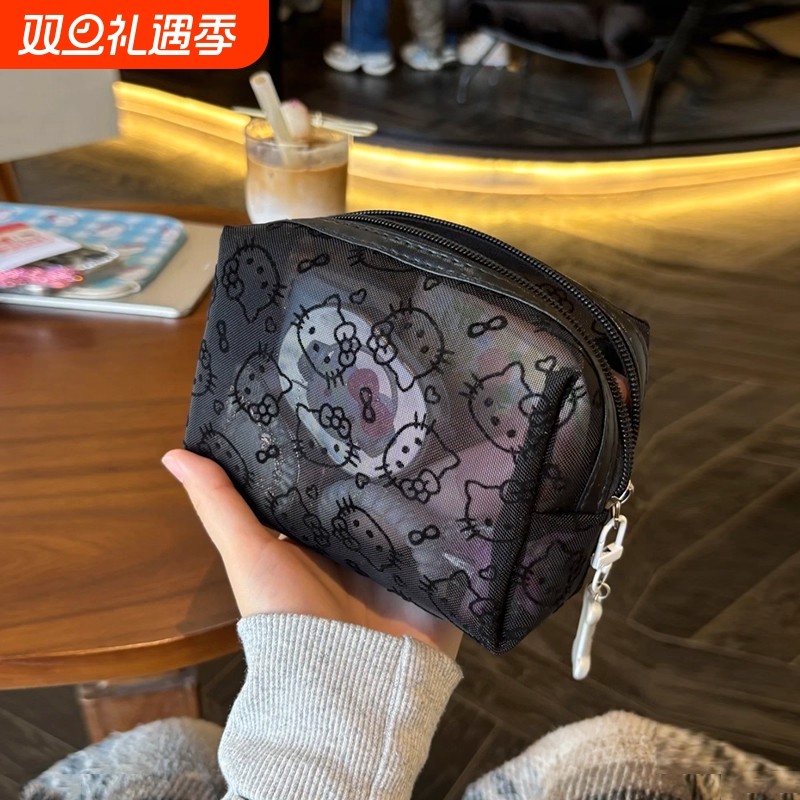 可爱kt猫网纱化妆包透明手拿便携外出旅行收纳包少女心随身简约包