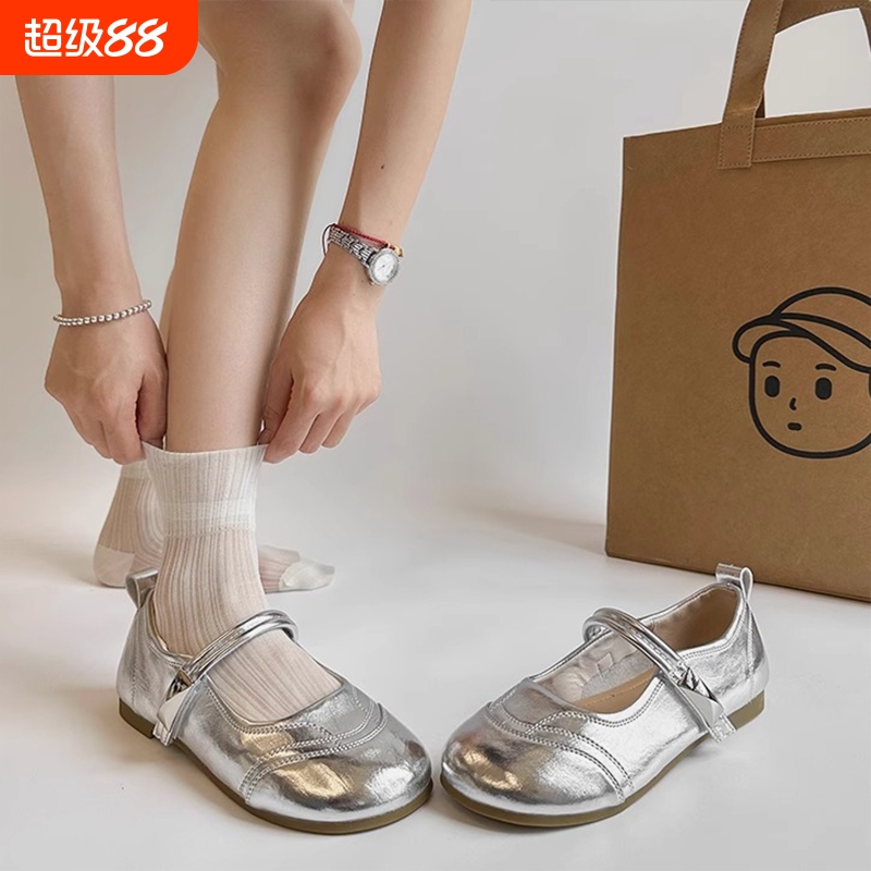 银色平底浅口单鞋女2025新款夏季法式复古配裙子小皮鞋玛丽珍鞋子