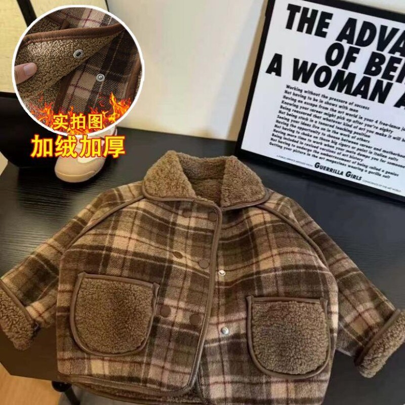 咖格大衣~冬季儿童外套加厚宝宝男童女童翻领加绒双排扣棉服格子