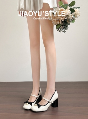 真皮~骄屿法式高跟鞋女婚鞋玛丽珍鞋珍珠系蝴蝶结粗跟单鞋圆头