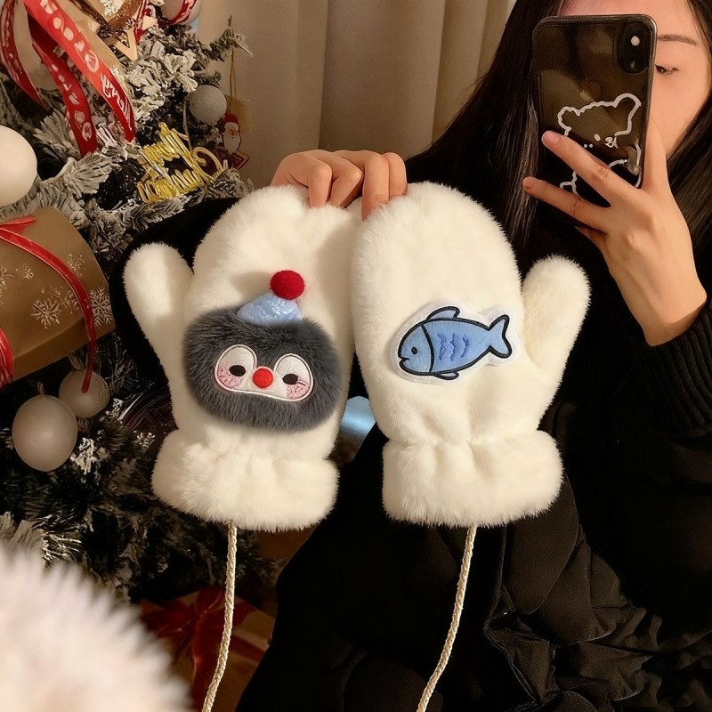 可爱毛绒手套冬季女款加绒学生骑车冬天挂脖企鹅防寒保暖连指全包