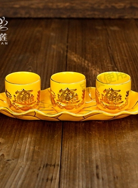 三连杯五连招财进宝供杯文武财神关公供杯黄陶瓷描金供茶杯酒杯