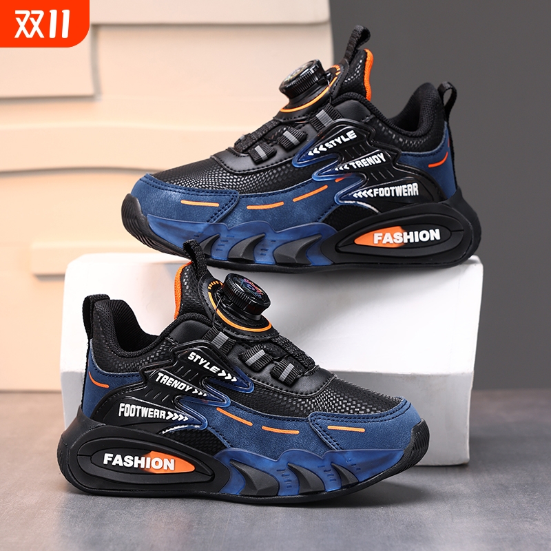 儿童秋冬季新款防水皮面防臭男童运动鞋舒适缓震旋转扣软底跑步鞋