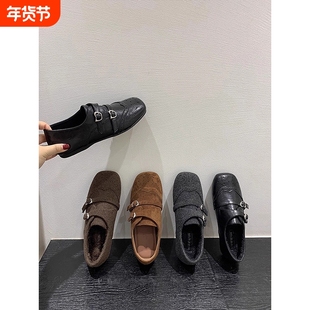 内增高复古方头乐福鞋小皮鞋女2025秋冬季新款英伦风加绒单鞋黑色