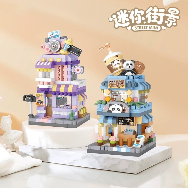 微颗粒积木拼装玩具冰淇淋店网红迷你街景模型摆件熊猫咖啡馆拼插