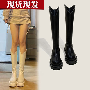 v口长靴女2025春秋新款 子 不过膝显瘦增高白色长筒靴高筒骑士靴鞋