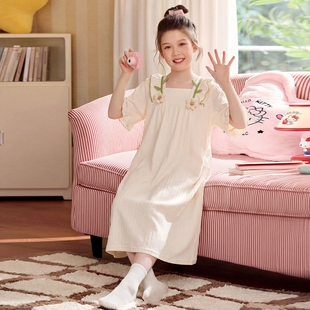 女童睡衣夏季纯棉短袖薄款2026新款宫廷风儿童睡裙女孩大童家居服