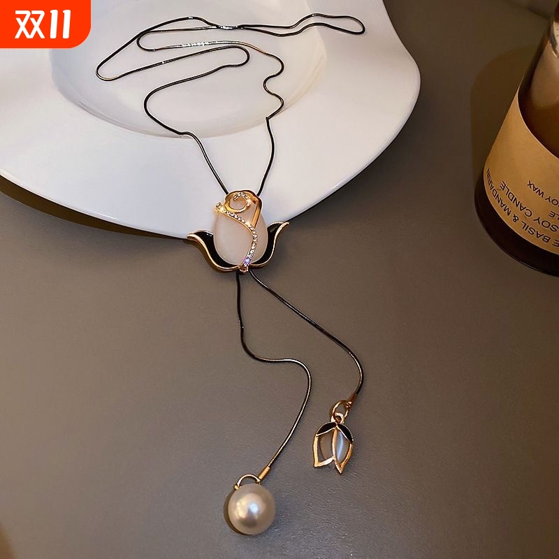 韩版秋冬长款毛衣链女配饰郁金香猫眼石花朵挂件坠气质可调节项链