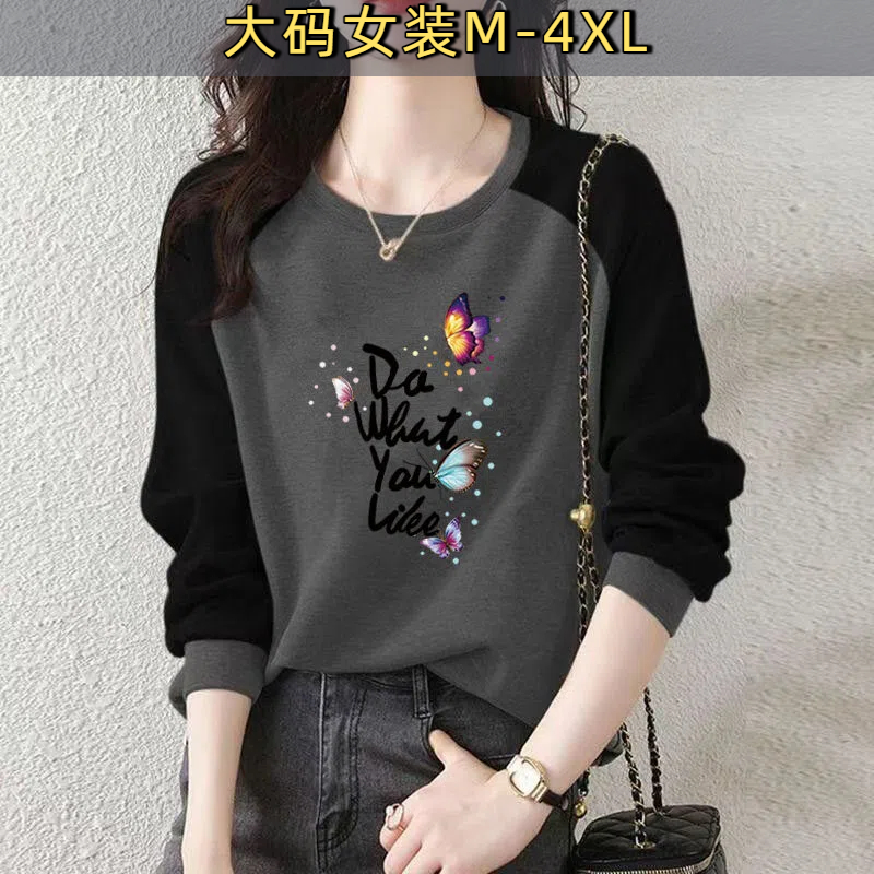 100%纯棉长袖T恤上衣女春秋季大码宽松遮肉显瘦套头外穿拼接卫衣J