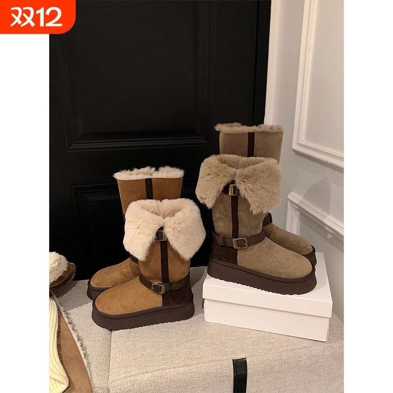 两穿厚底高筒雪地靴女2025冬季新款加绒加厚保暖长筒靴棉鞋子防水