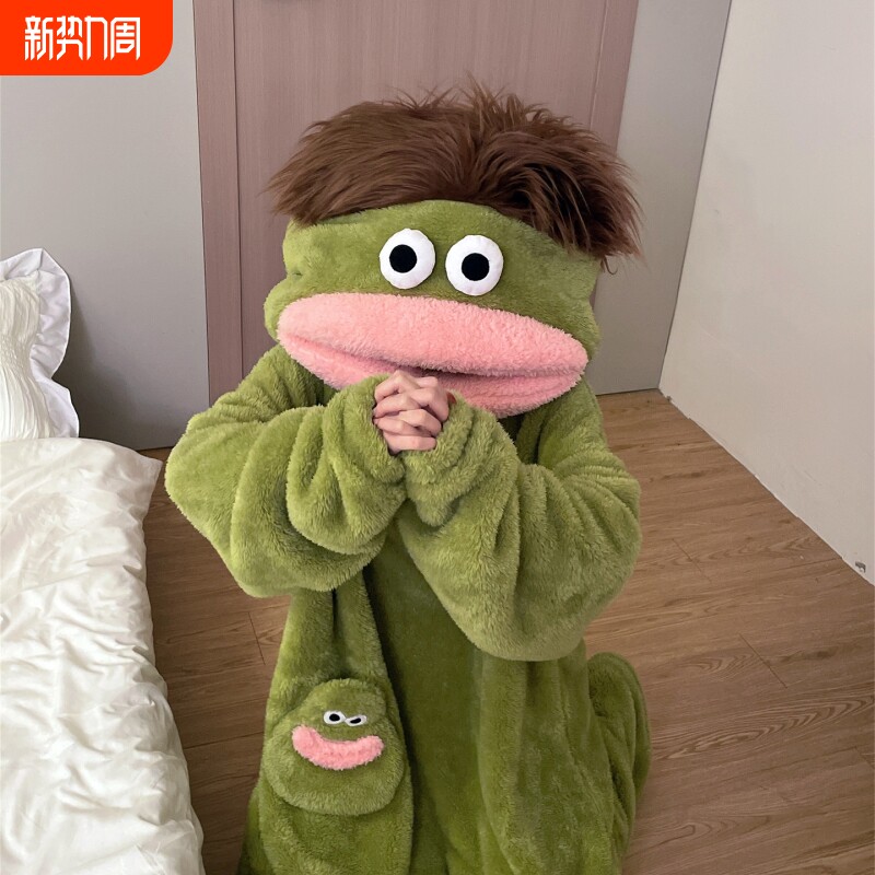 大嘴怪连体睡衣冬季女款珊瑚绒丑萌加绒加厚情侣睡袍外穿绿色可爱