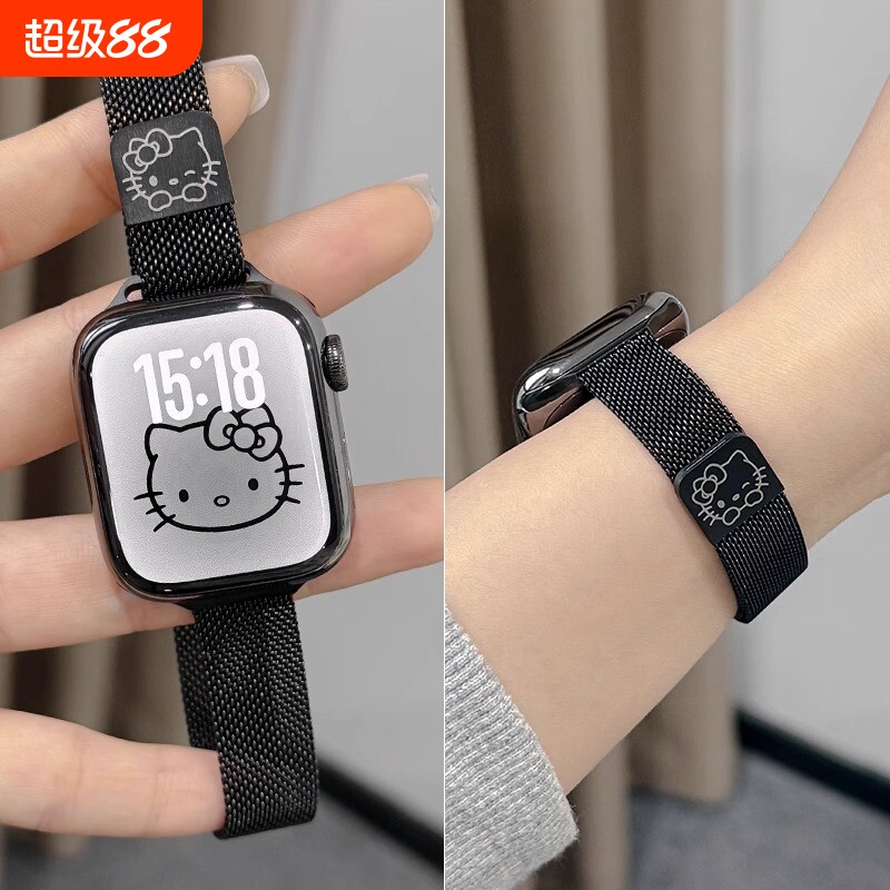 新款适用于iWatch10简约米兰尼斯磁吸表带S9星光色细款applewatch8苹果手表7代金属表带可爱KT猫se夏天透气女图片