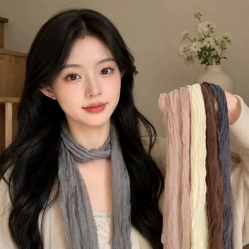 复古文艺褶皱长条丝巾女秋冬新款时尚百搭围巾高级感系脖领巾波点