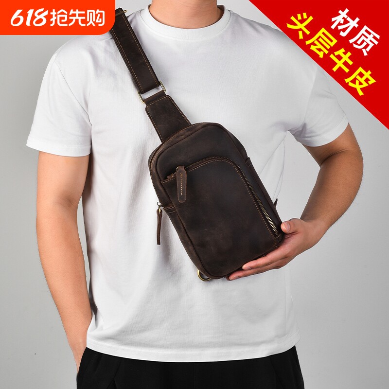 新款纯色真皮男士胸包头层牛皮小背包时尚潮复古休闲胸前包斜挎包