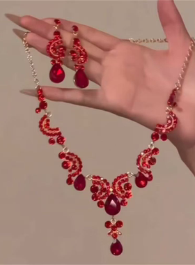 zoozmomo欧美重工满钻红色水滴锆石项链套装夸张轻奢高级感锁骨链