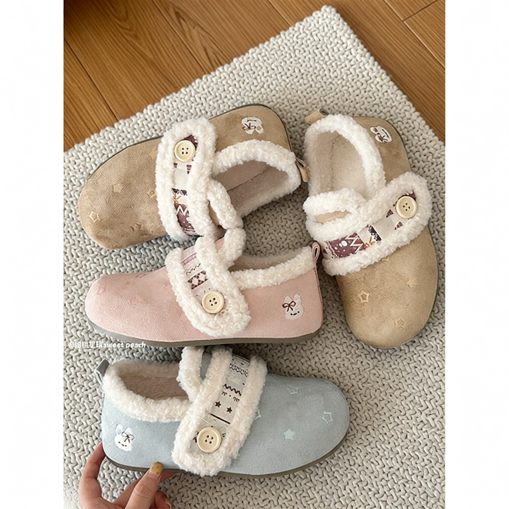 甜桃星球加绒勃肯鞋女冬2025厚底半拖鞋毛绒毛毛雪地棉鞋百搭蓝色