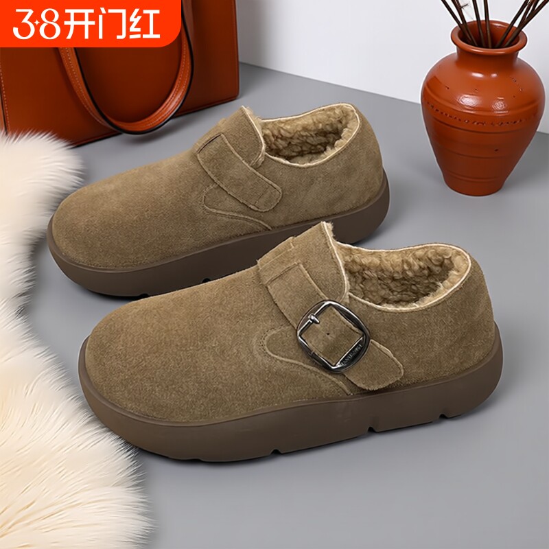 厚底毛毛勃肯鞋女2025冬季新款复古真皮加绒保暖棉鞋软底百搭单鞋