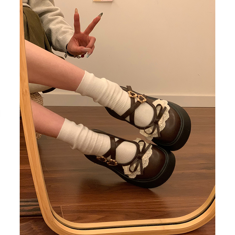 2025年配裙子蝴蝶结花边小皮鞋女棕色夏季新款厚底法式玛丽珍单鞋