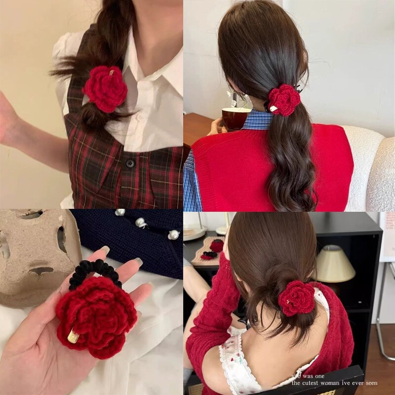 新年显白红色针织毛线手钩玫瑰花花朵皮筋头绳抓夹半爪高级感发饰