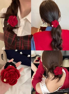 新年显白红色针织毛线手钩玫瑰花花朵皮筋头绳抓夹半爪高级感发饰