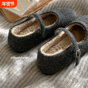 毛毛鞋~法式玛丽珍女秋冬加绒单鞋勃肯鞋灰色内增高黑色方头棕色