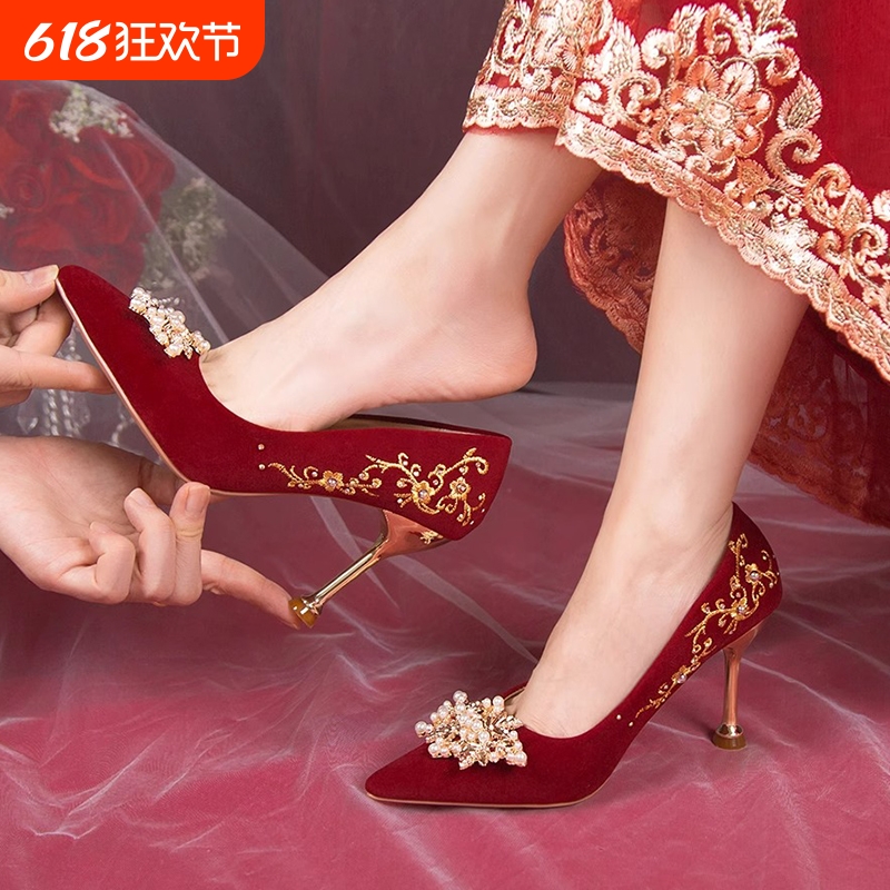 婚鞋女新娘鞋不累脚结婚鞋中式禾秀婚纱两穿红色高跟鞋小众高级感