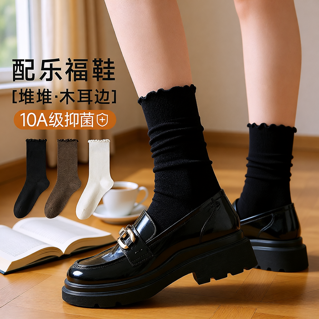 木耳边堆堆女纯色无骨中长筒袜