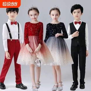 儿童合唱演出服女童主持人钢琴礼服裙红色小学生朗诵比赛表演服装