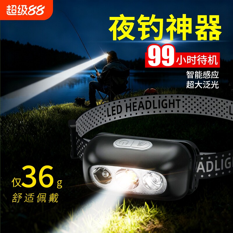头灯超亮可充电头戴式强光感应特亮LED手电筒小型便携式夜钓鱼灯