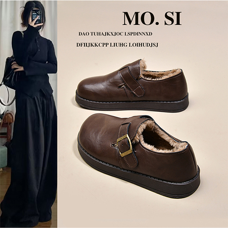 厚底勃肯鞋女鞋加绒小皮鞋2025新款冬季保暖雪地靴乐福鞋博肯棉鞋