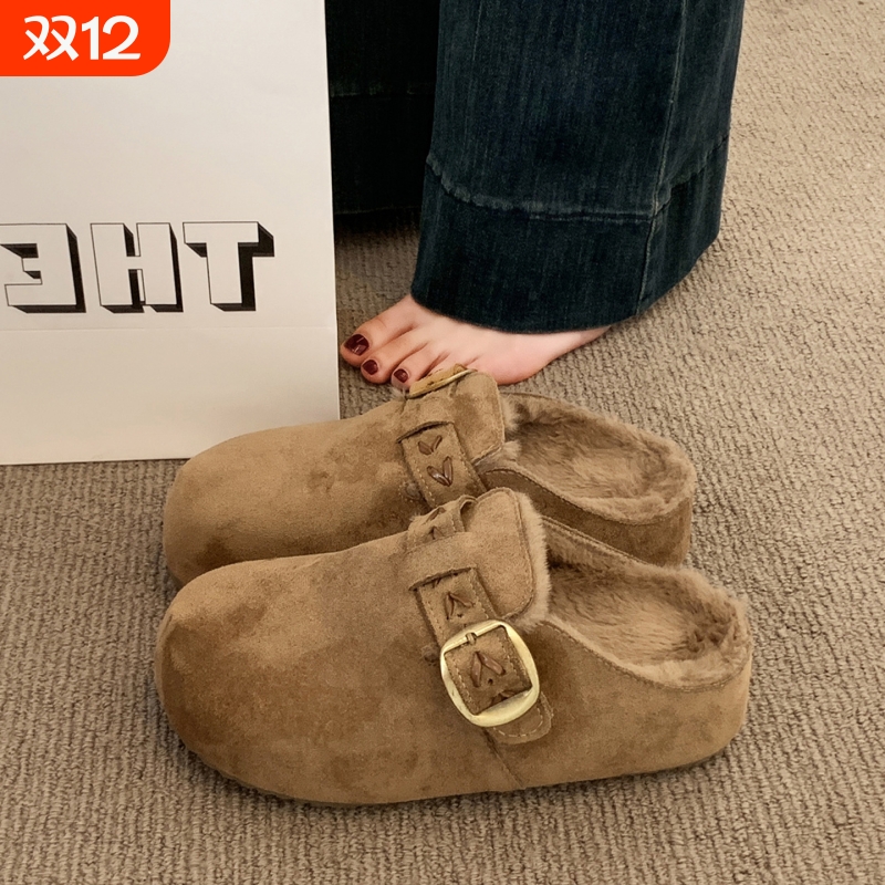 厚底包头半拖毛毛鞋女加绒豆豆勃肯鞋2025新款冬季鞋子一脚蹬棉拖