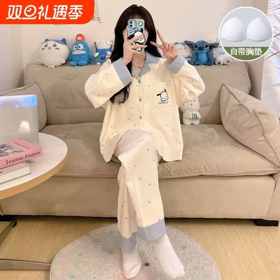 带胸垫睡衣女春秋款长袖2025新款可爱甜美夏天薄款家居外穿波点