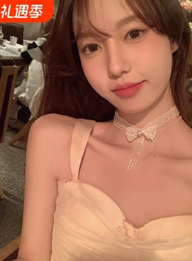 项链纯欲风春夏温柔蕾丝白色蝴蝶结choker双层项圈颈链高级锁骨链