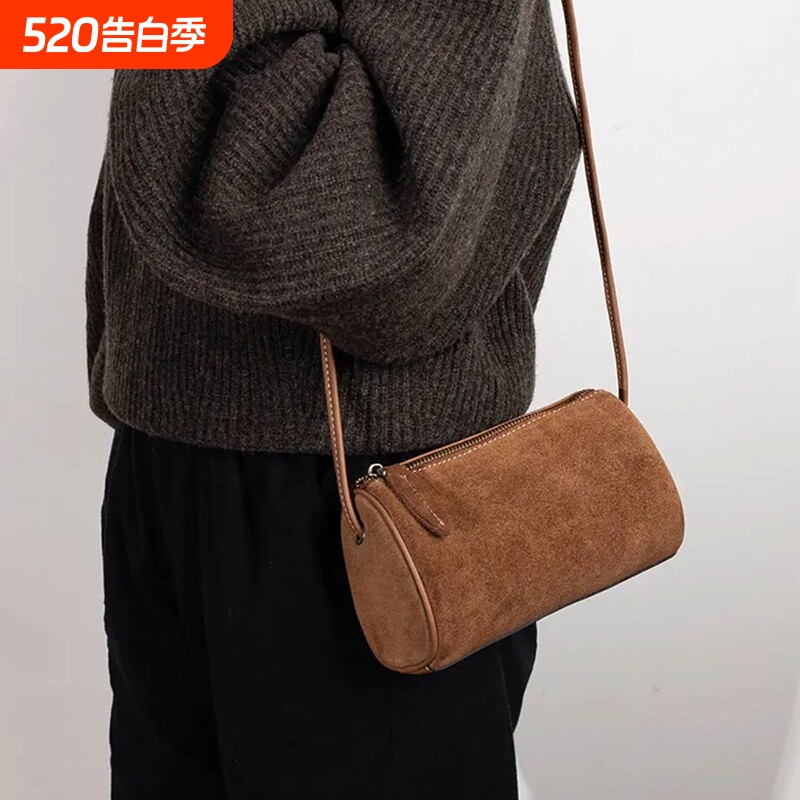 秋冬季小众手机包时尚休闲绒面软皮圆筒包水桶包女包斜挎小包挎包