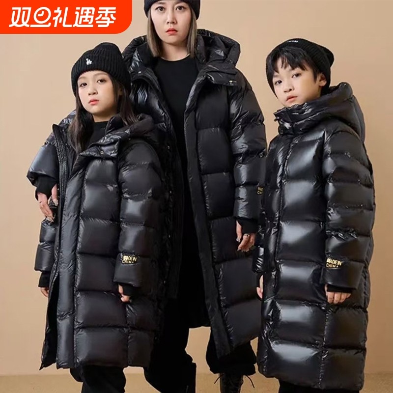 鸭鸭中长款羽丝绒丝服冬季黑金儿童保暖防寒服男女童加厚羽绒黑色