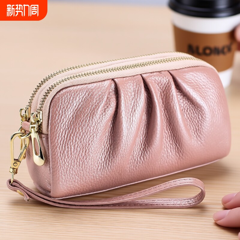 双层长款钱包气质褶皱手拿包真软皮女大容量手机包妈妈长款大钞包