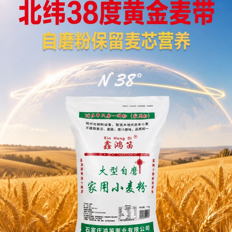 鑫鸿笛北纬38度黄金麦带家用小麦粉自磨粉麦芯面粉新国标普通原味