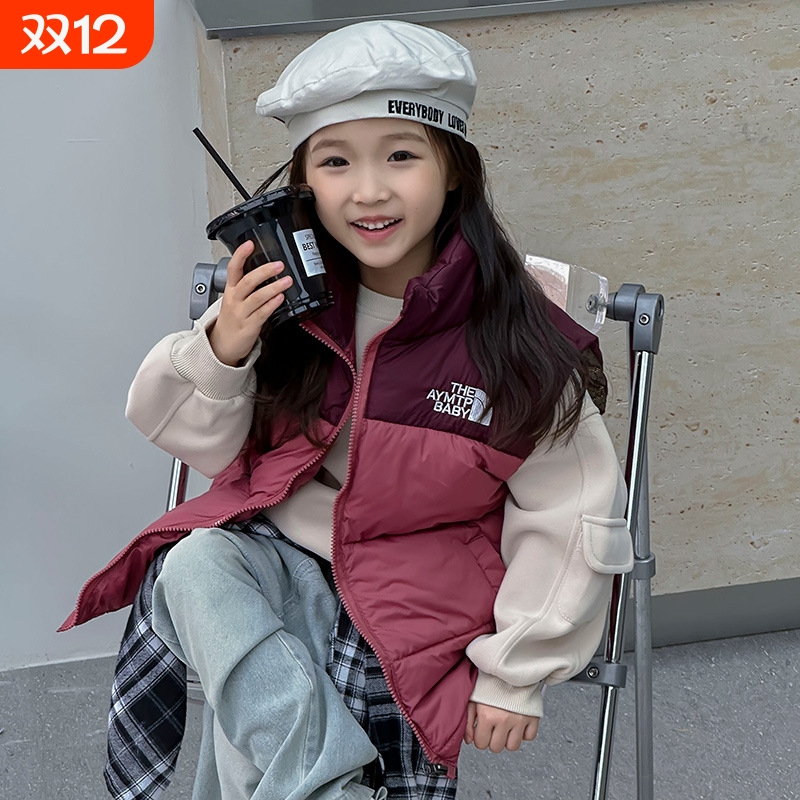 鸭鸭儿童马甲男女童连帽中大童宝宝冬季加厚保暖坎肩外穿背心红色